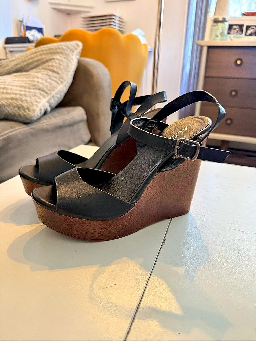 ALDO Black Chocolate Brown Ankle-Strap Wooden Platform Wedge Sandals Boho 8